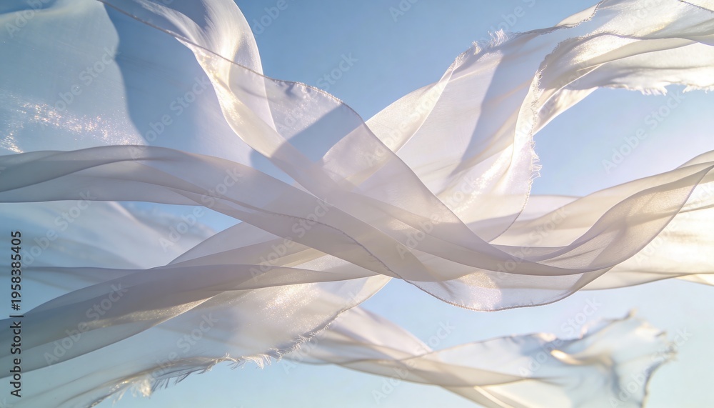 Obraz premium Billowing sheer white fabrics drifting over pale blue sky, showing frayed edges and sunlight