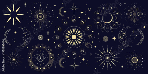 Celestial patterns featuring moons stars and suns in golden hues