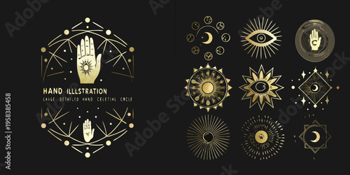 Golden celestial symbols and hands a mystical ornate illustration