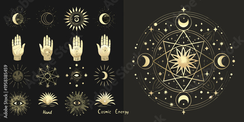 Celestial and mystical elements moons hands stars and geometric shapes
