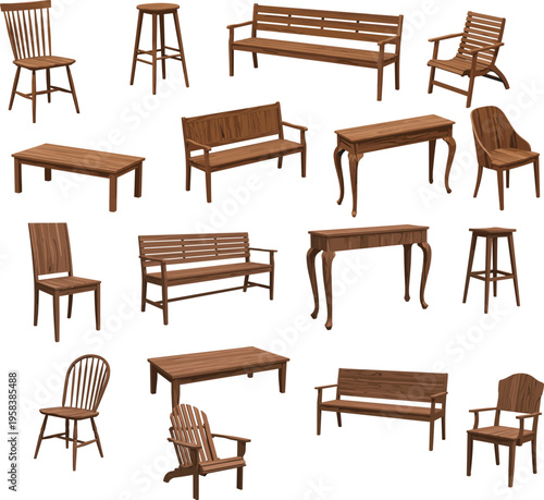 Wooden furniture collection set illustration chairs tables benches stools classic home interior design elements isolated on white background vector style