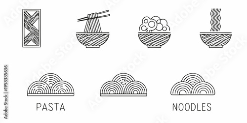 Line art illustrations of various pasta and noodle dishes and ingredients