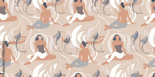 Seamless pattern featuring abstract figures of women in meditative poses