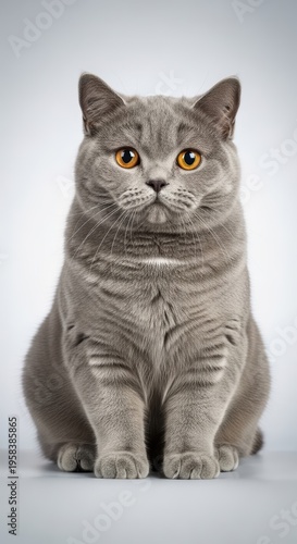 Purebred British Shorthair Cat With Orange Eyes Sitting Centered Against A Light Gray Background