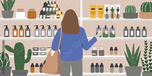 Woman browsing a well stocked shelf of beauty and personal care products