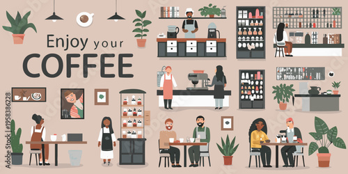 A brightly colored illustration depicting a bustling modern coffee shop scene