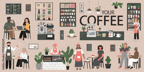 A vibrant illustration depicts a bustling modern coffee shop interior scene