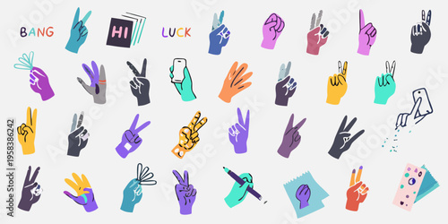 Colorful illustration featuring diverse hands making various expressive gestures
