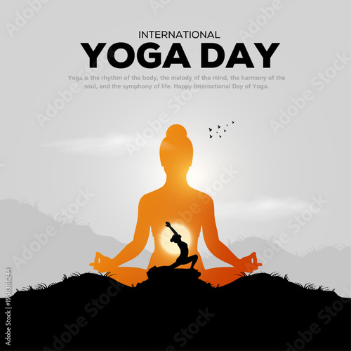 international yoga day. yoga body posture. Woman practicing yoga in lotus position with typography of YOGA. vector illustration design.