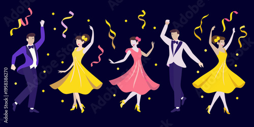 Celebratory illustration of four people joyfully dancing with confetti falling