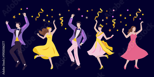 Celebratory group of people joyfully dancing with confetti and bright colors