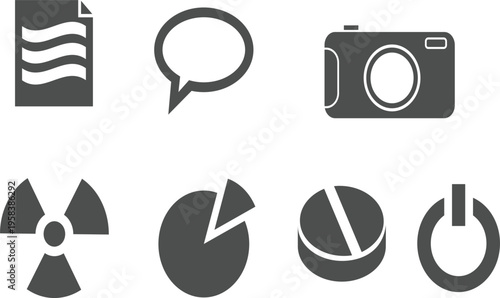 black and white icons set, CAMERA  massage on butane icon black ,     icons set arrows, stars, lightning, speech bubbles, clouds, camera, shapes