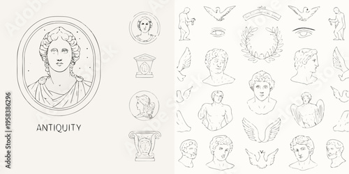 Antique classical sketches of portraits sculptures and ornamental elements