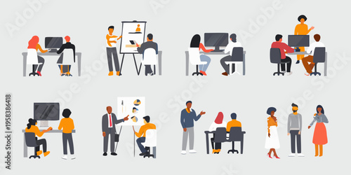 Diverse group of professionals collaborating in modern office environments