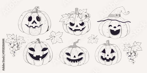 Hand drawn halloween pumpkins and witch hat in a sketched style