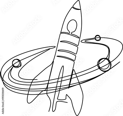 Continuous line drawing of a rocket ship flying through space with planets.