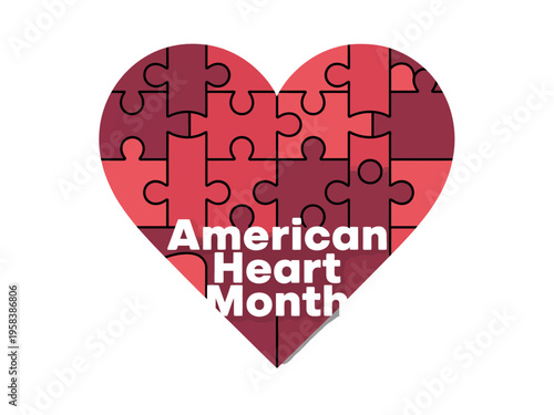 A heart-shaped puzzle piece illustration for American Heart Month with a red color scheme and white text on a transparent background