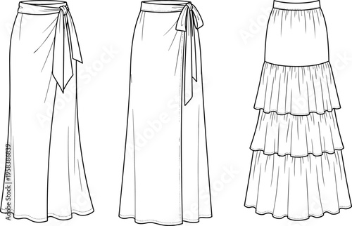 Set of fashion technical sketch of long maxi wrap skirts and tiered ruffled bohemian skirt, cad drawing flat vector illustration