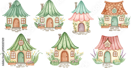 Whimsical illustration of six fairy tale houses in various colorful designs