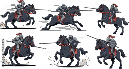 Galloping Knight on Horseback with Lance and Action Poses in a Medieval Battle Style for Kids Illustration