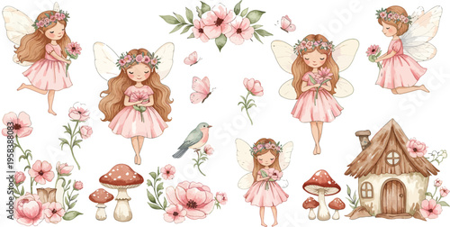 Whimsical fairy illustrations with flowers and mushroom house