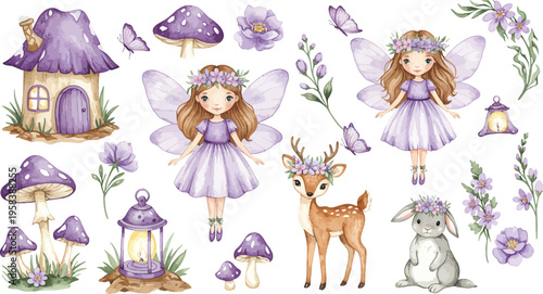 Whimsical fairy illustration with mushrooms and forest creatures in purple hues