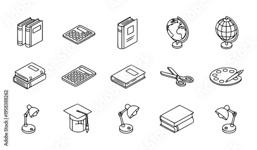 Isometric school supplies icons stationery education vector illustration set