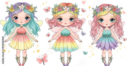 Three cute cartoon girls with colorful hair and flower crowns in rainbow dresses