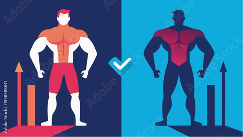 Flat illustration of bulking concept showing muscle growth transformation with before and after athletic male body and strength progress comparison