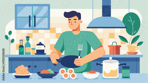 Flat illustration of bulking concept with man cooking protein rich meal in kitchen showing healthy nutrition muscle gain and fitness lifestyle