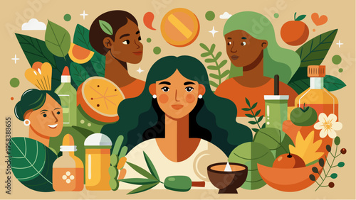Flat illustration of basil cosmetics concept with diverse women natural skincare products herbal ingredients and organic beauty wellness lifestyle
