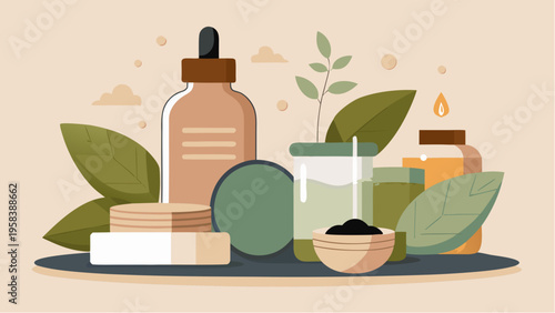 Flat illustration of basil cosmetics concept with natural skincare products herbal ingredients bottles and organic beauty wellness composition
