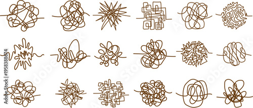 Doodle clew hand drawing tangled clew, insane mess scribble, confused brain thinking clutter complicated concept. Squiggles and scrawl vector set.