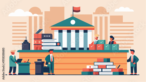 Flat illustration of red tape concept with bureaucracy paperwork approval process and business people dealing with administrative barriers in government office