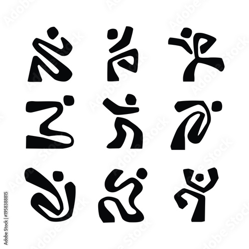 Abstract human silhouettes in dynamic poses, bold black shapes conveying energy, dance, and expressive movement in minimalist style.