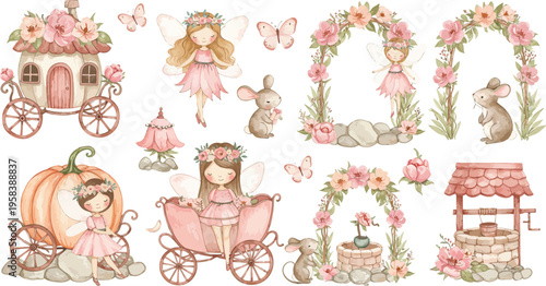 Whimsical fairy tale illustrations of princesses and magical vehicles and decorations for kids