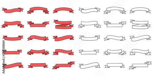 Hand-drawn cartoon and doodle set of ribbon banners on a white background.