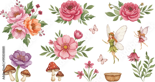 Watercolor illustration of various flowers mushrooms and insects on white background