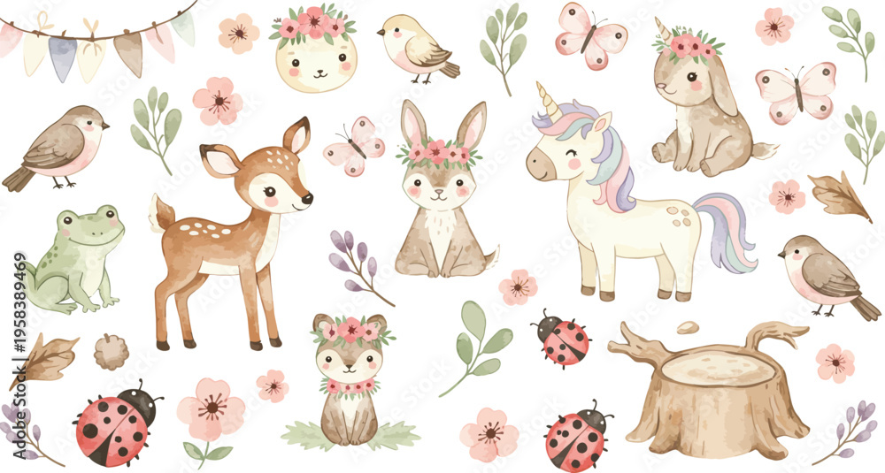 Obraz premium Whimsical watercolor forest animals and florals illustration