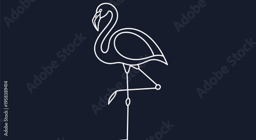 Elegant white line art flamingo silhouette stands on one leg against a dark navy background