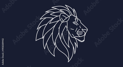 Elegant white line art depiction of a lion's head on a deep blue background minimalist design