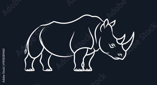 Elegant white rhino outline illustration on a dark blue background minimalistic and powerful design
