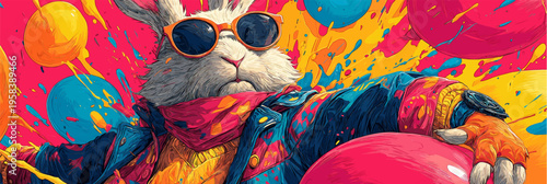 Cool Easter bunny wearing sunglasses holding decorated egg. Easter poster. Anthropomorphic bunny wearing colorful jacket, surrounded by paint splatters and festive eggs