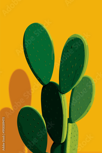 Nopal cactus pads growing with vibrant yellow background. Nopal cactus pads featuring simple graphic shape and casting shadow on yellow wall