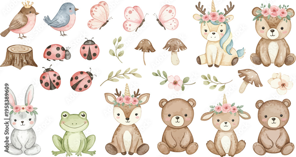 Obraz premium Whimsical forest animals and insects in watercolor style for kids