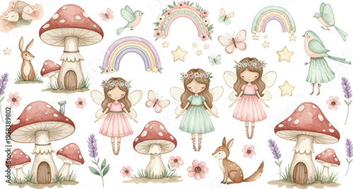 Whimsical illustration of fairies and mushrooms in a fantastical forest scene