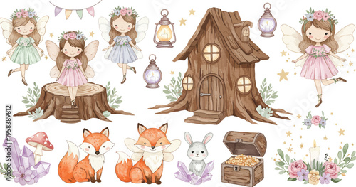 Whimsical illustration of fairy tale forest creatures and magical objects in a fantasy setting