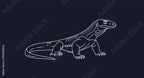 Minimalist white outline of a formidable Komodo dragon on a dark blue background
