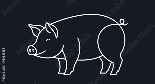 Minimalist white outline of a happy pig on a dark background