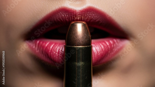 Close-up of Bullet and Red Lips Symbolizing Danger and Beauty.